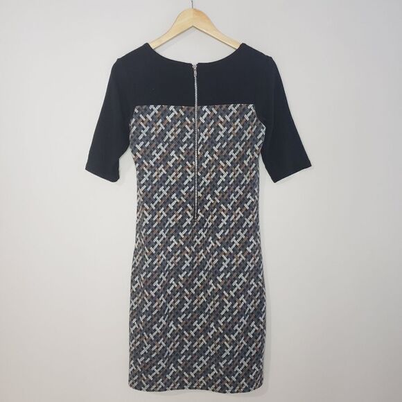 Smashed Lemon Medium Short Sleeve Black Grey Weave Print Dress - Picture 5 of 13
